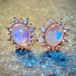 Rainbow Moonstone & white topaz oval halo rose gold dipped .925 silver earrings